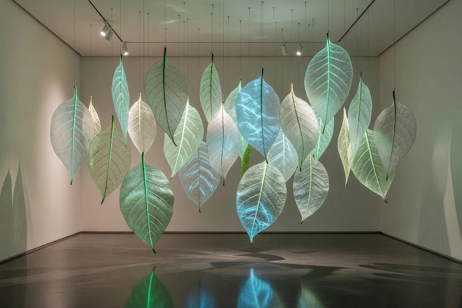 吊るされた葉のインスタレーション / Suspended leaf installation