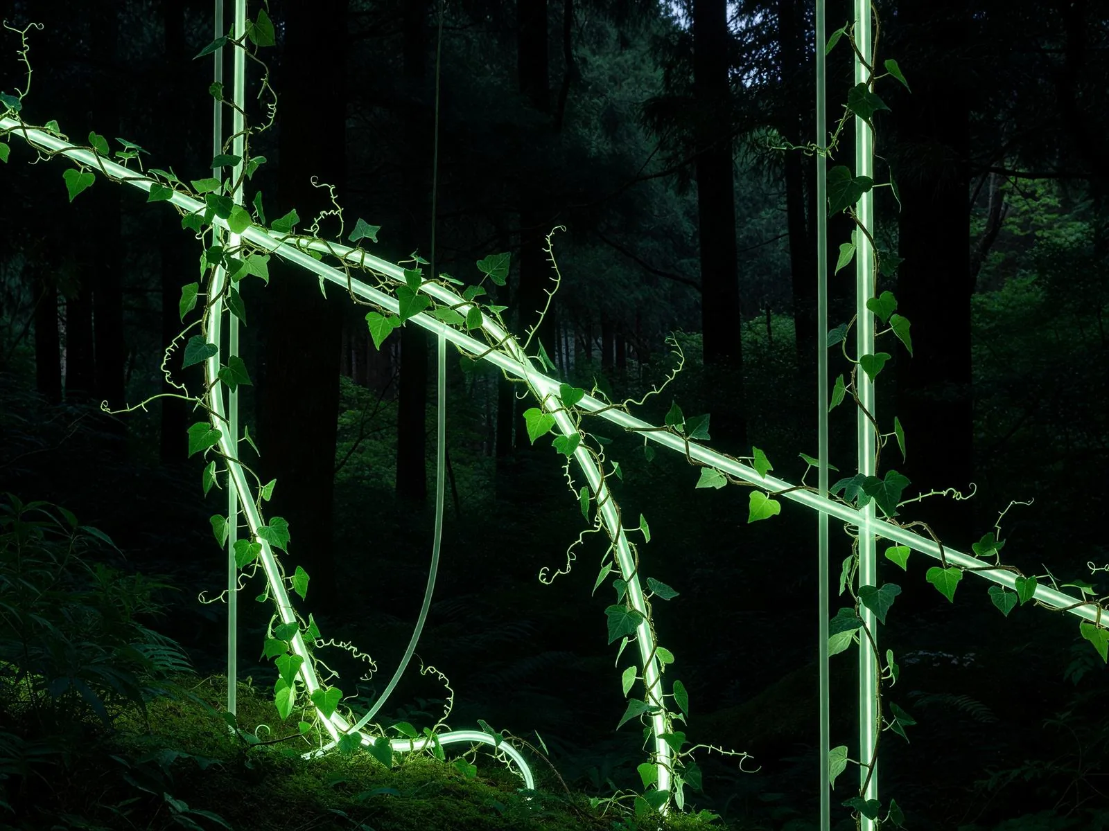 発光するツタ、壁面を這う光る植物 / Glowing vines climbing a lit wall structure