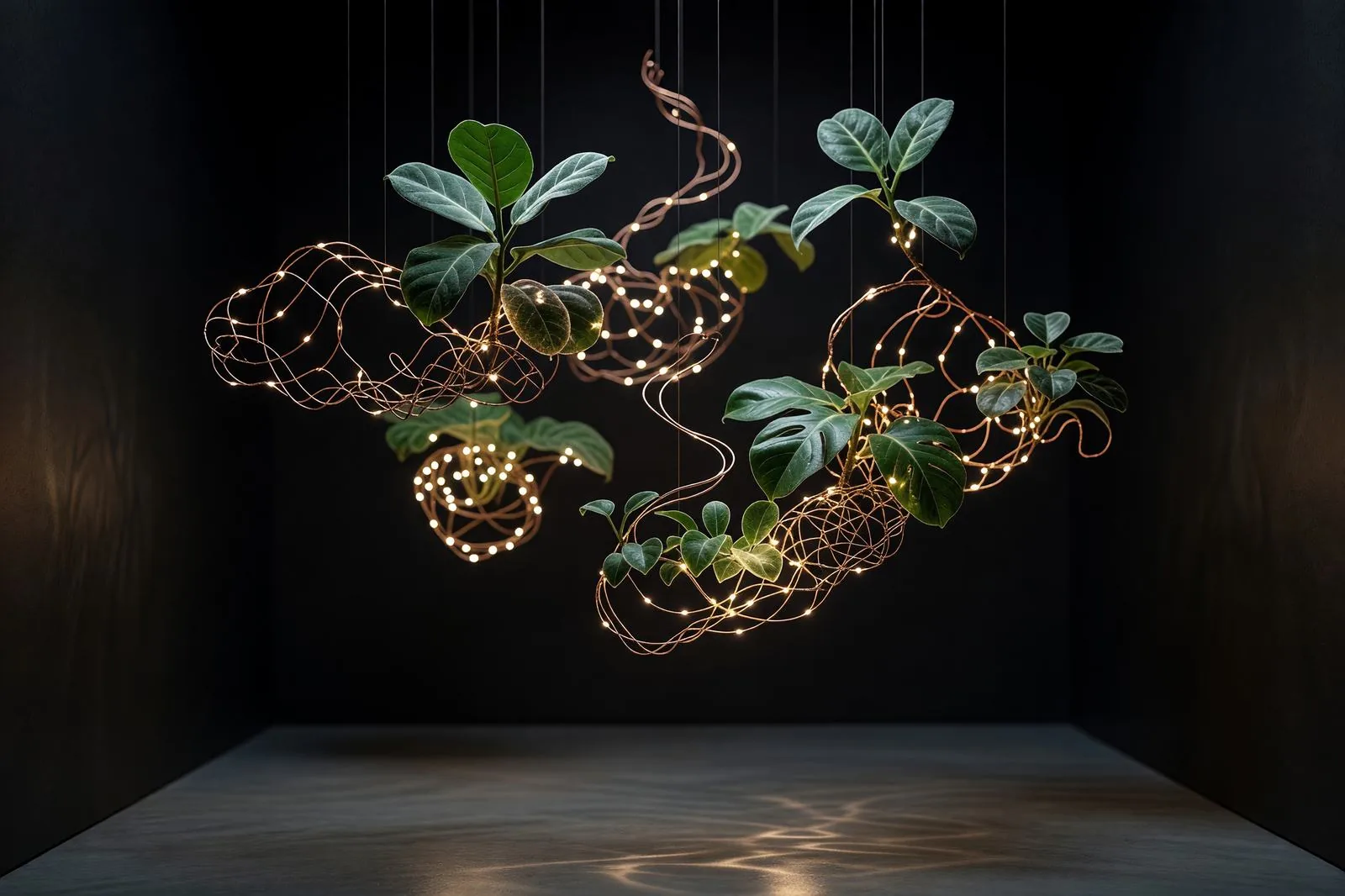 ワイヤー植物ライト、針金で構成された発光植物オブジェ / Wire plant light sculpture with embedded illumination
