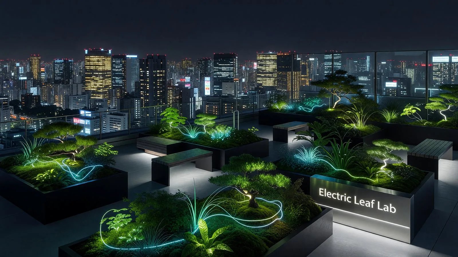 夜の屋上緑地、光の演出 / Night rooftop garden with light design
