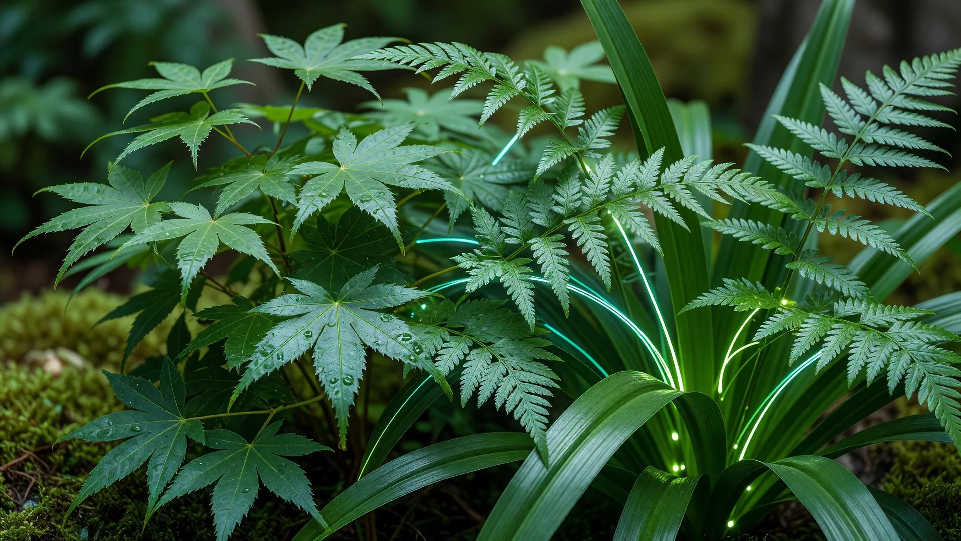 植物の葉と光のディテール / Botanical detail with glowing light lines