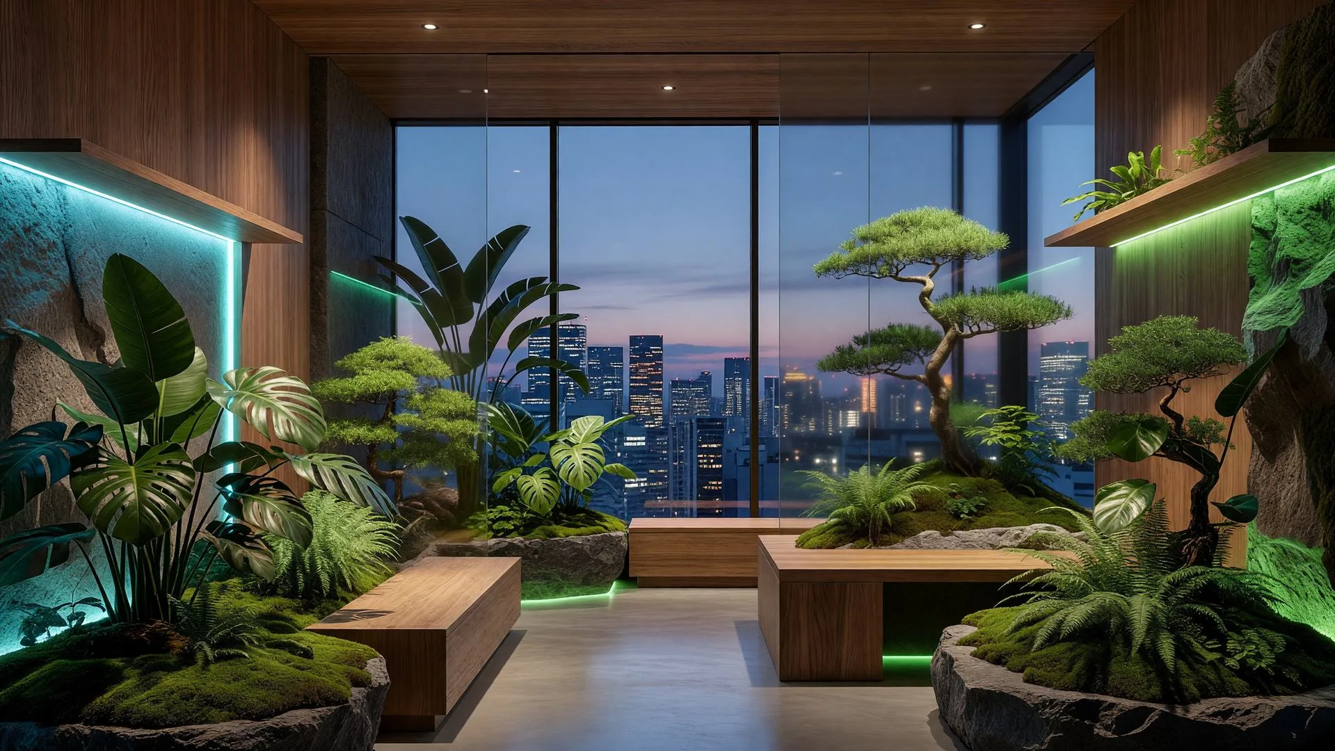 東京のボタニカルスタジオ、苔と盆栽と発光する棚 / Contemporary Tokyo botanical studio with glowing shelves